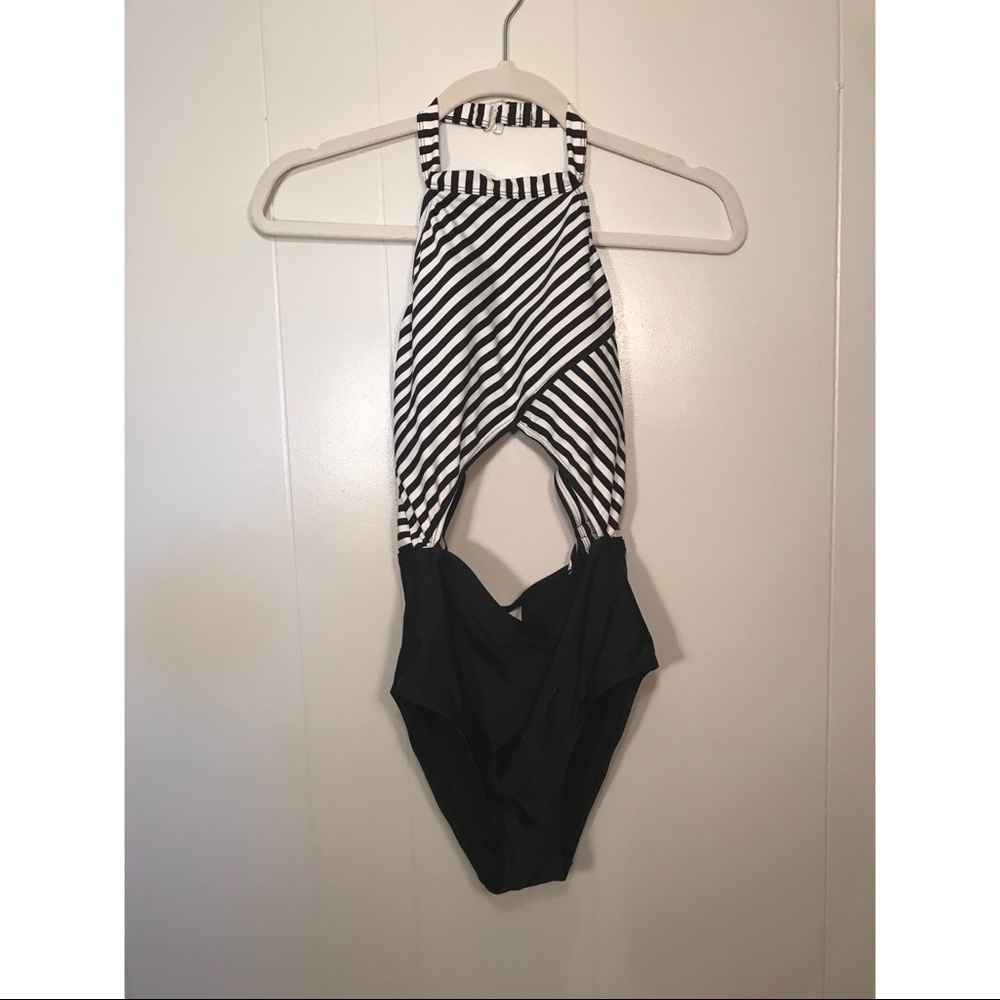 Juniors striped black and white one piece swimsuit